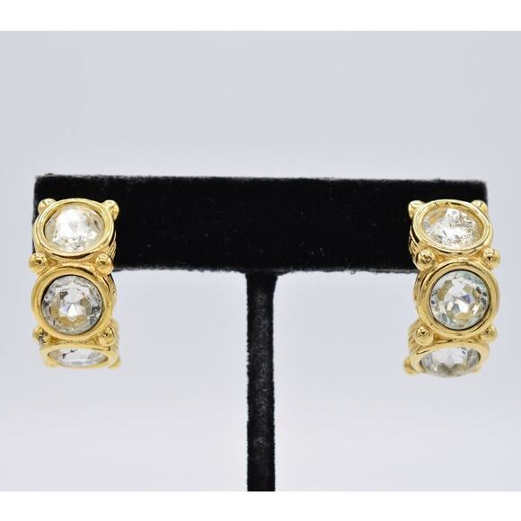 Givenchy Vintage Crystal Earrings Gold Rhinestone Drop Hoop Signed 1980s BinW - Picture 1 of 9